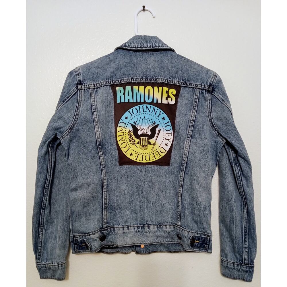 RAMONES Lucky Brand Punk Rock One of A Kind Upcycled Denim Jacket HandSewn SZ XS